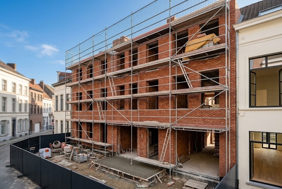 Bouwwerf van een Antwerps stadspand in heropbouw met nieuwe bakstenen gevel en steigers, illustratief bij sloop en heropbouw aan 6% btw