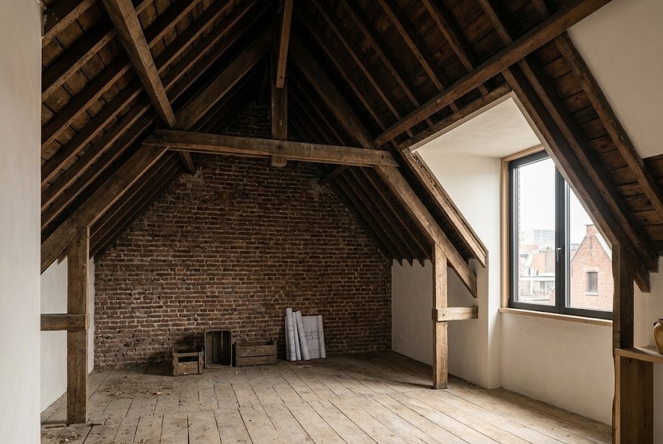Onafgewerkte zolder van een vooroorlogse stadswoning met zichtbare houten dakstructuur en bakstenen puntgevel, illustratief bij het verplichte asbestattest