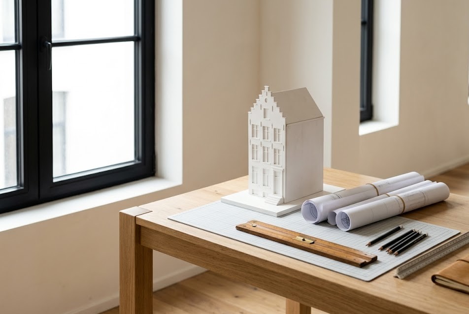 Architectentafel met een witte maquette van een herenhuis, opgerolde bouwplannen en potloden, illustratief bij de rollen van bouwbegeleider, projectcoördinator en architect