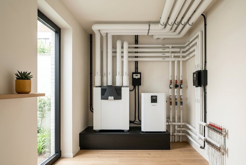 Technische ruimte met ventilatie-unit en warmtepomp en nette witte leidingen in een gerenoveerde woning, illustratief bij EPB-verslaggeving