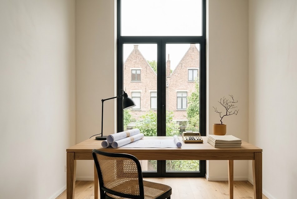 Werkhoek met eiken bureau bij een hoog zwart-omkaderd raam, bouwplannen, een rekenmachine en documenten, illustratief bij renovatiefinanciering via een kredietopening