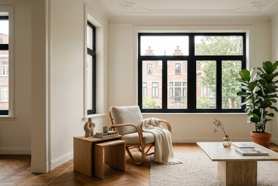 Rustige zithoek met rieten loungestoel, houten bijzettafels en een sculptuur in een lichte gerenoveerde woning, illustratief bij vastgoedbezit en vermogensoverdracht